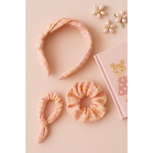 Girls Pink & Yellow Check Headband & Scrunchie Set – Stylish Hair Accessory Bund - Picture 5 of 12